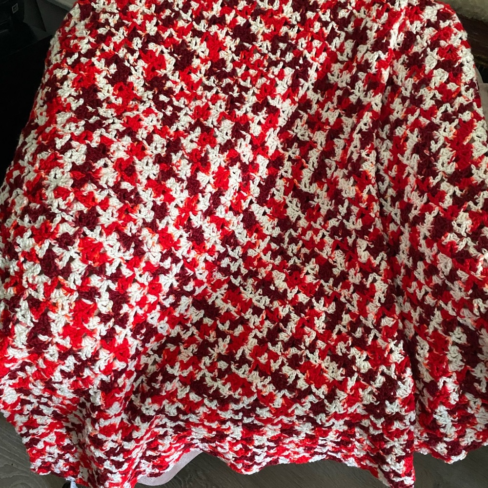 Red, Burgandy and White Crochet Blanket.